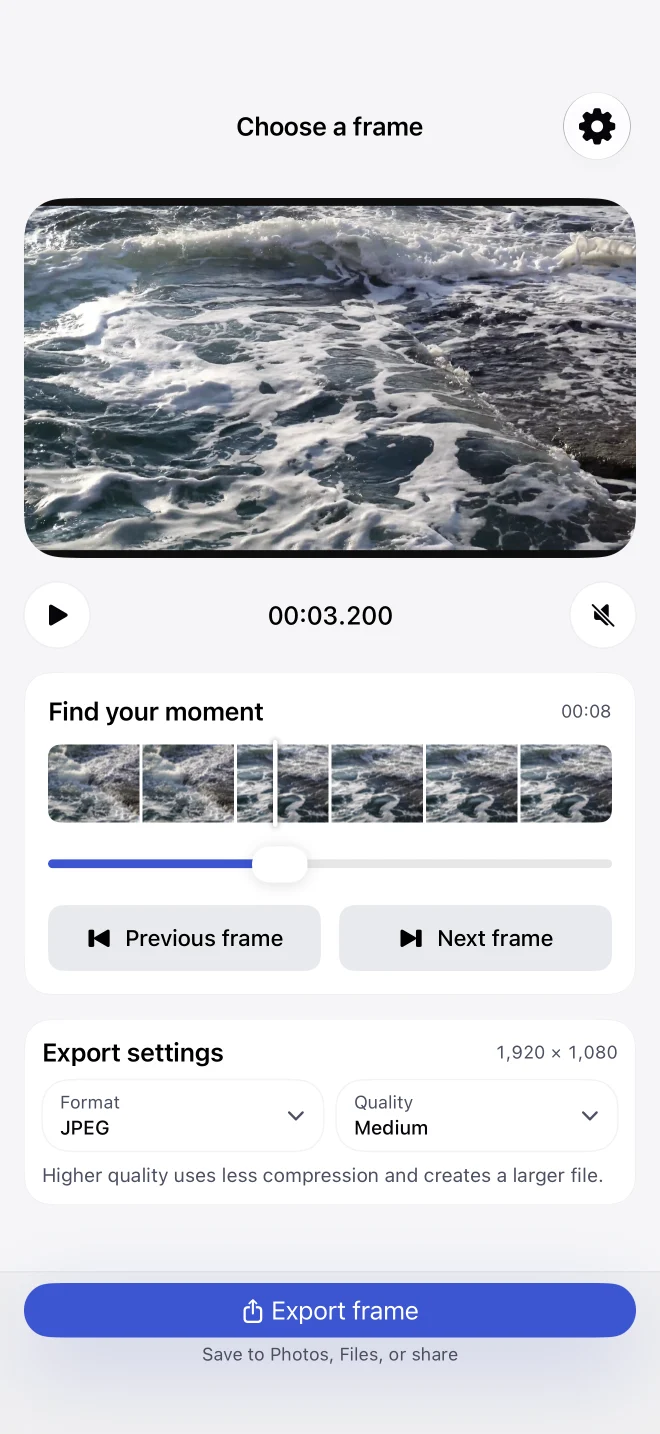 OsomeFrame 1.2 showing real video footage, a thumbnail timeline and frame-by-frame controls